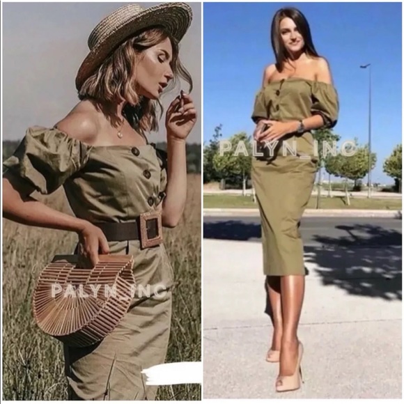 ❤️NWT ZARA KHAKI OFF-THE-SHOULDER MIDI DRESS - Picture 1 of 14